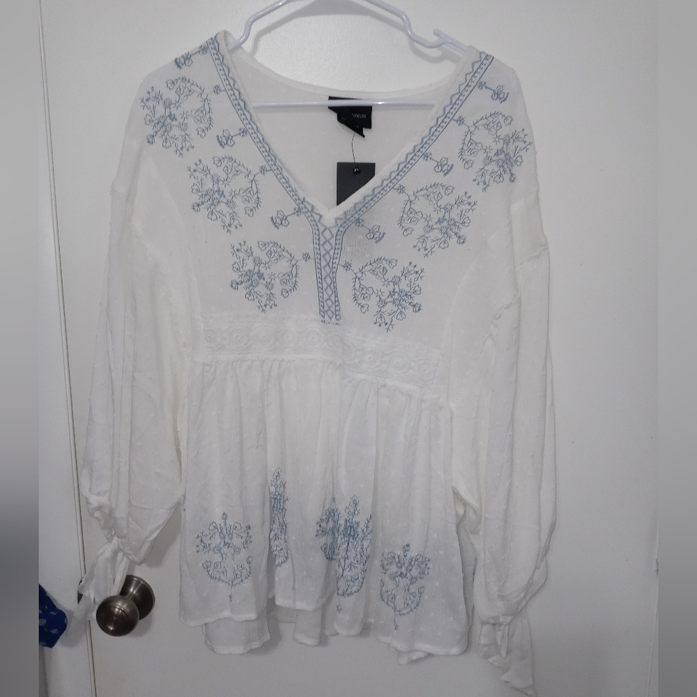 Liv Los Angeles Blue White Embroidered Sheer Peasant Balloon Sleeve Top cover up